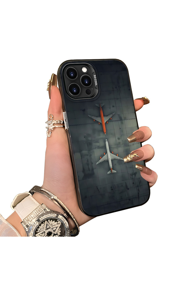 iPhone 13 Pro Compatible Silicone Edge Hard Back Case Couple Phone Case Airplane Patterned