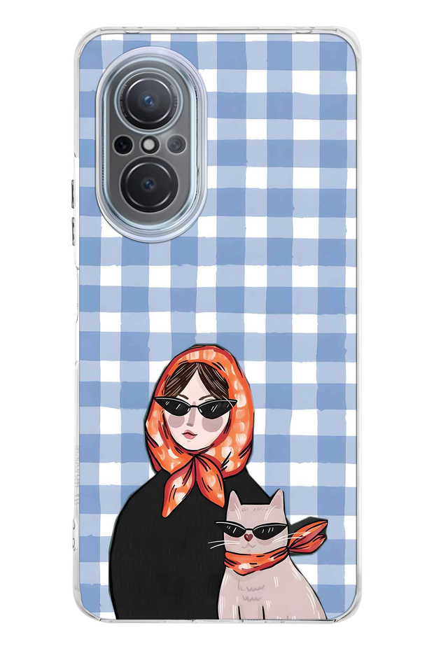 Huawei Nova 9 Se Compatible Women's and Cat Patterned Transparent Phone Case with Shawl