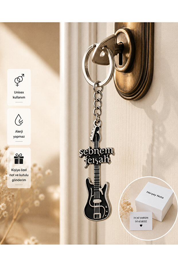 Şebnem Ferah Electric Guitar Design Metal Keychain – Unisex Key and Bag Accessory