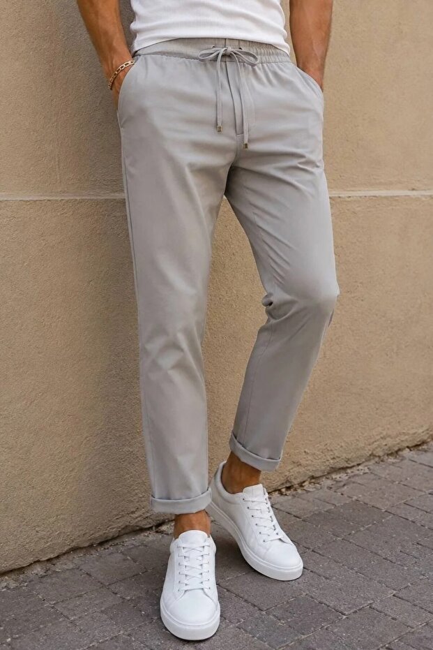 Men's Double Leg Gray Trousers with Elastic Waist