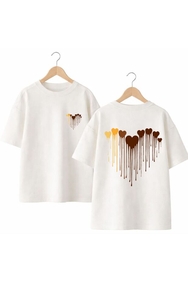 Colorful Heart Printed on the Back and Front Chest, 100% Cotton Oversize Loose Regular Fit Crew Neck T-Shirt