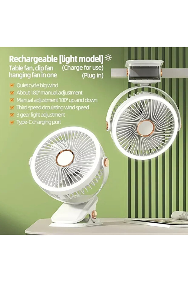 WHITE Camping Fan Rechargeable Desktop Portable Air Circulator Wireless Ceiling Electric Fan With LE