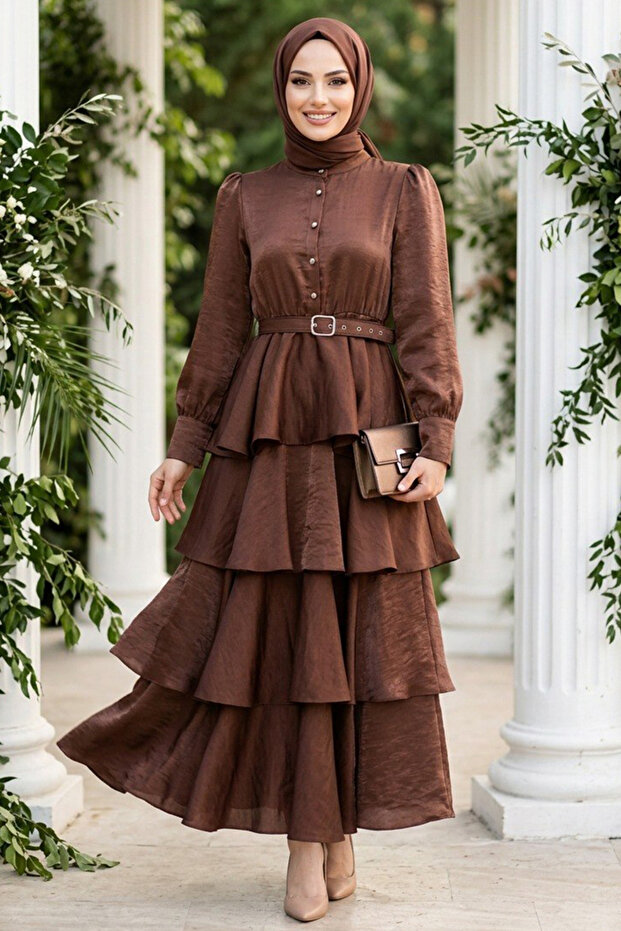 Satin Crepe Brown Layered Hijab Dress 95712Kh
