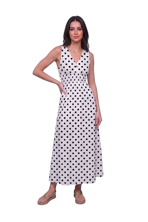 Women's White Patterned Dot Long Double-Breasted Gipeli Dress