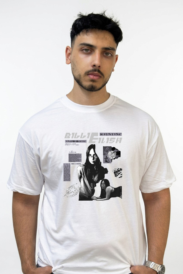 تي شيرت أبيض كبير الحجم مطبوع بتصميم Billie Eilish_126