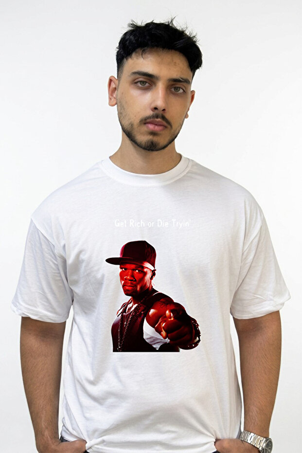 50 Cent_45 Design Printed Oversize White T-Shirt