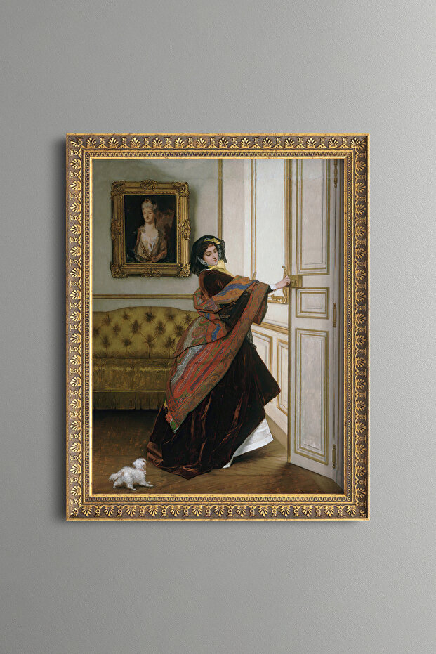 Woman with Small Dog - Vintage Patterned Painting - Slim Model