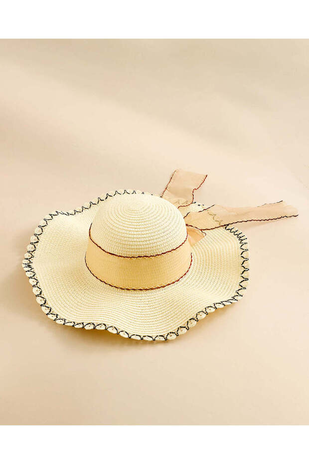 Women Beige Embellished Paper Hat