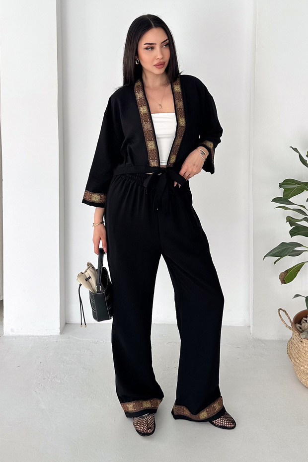 Women's Ethnic Pattern Detailed Kimono Pants Set – Belted Loose 2-Piece Summer Set