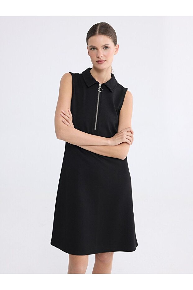 Lcw Everyday Black Polo Collar Pique Mini Dress