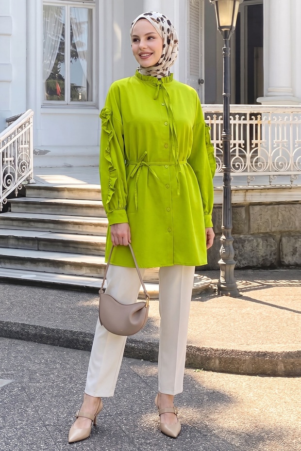 Ruffle Sleeve Belted Pistachio Green Tunic