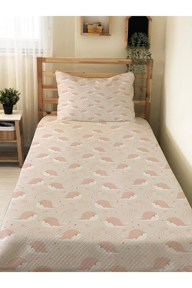 Whale Patterned Baby and Kids Printed Single Pique Set 160 X 220 cm Pink