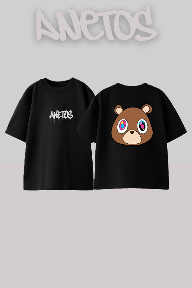 Dropout Bear_4 Design Printed Unisex Oversize Black Tshirt