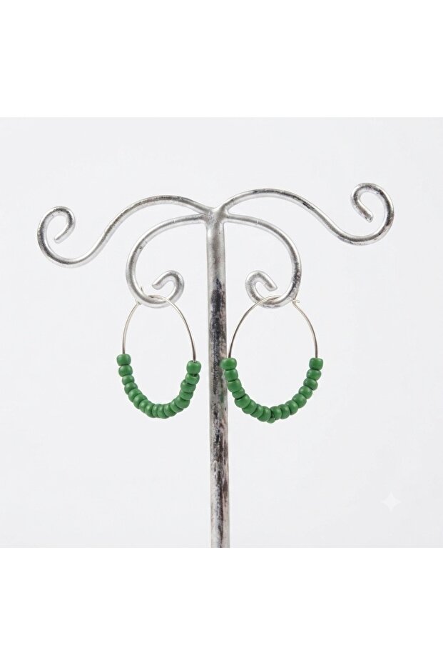 Handmade Green Sand Beaded Hoop Earrings | Minimal, Lightweight, and Suitable for Daily Use