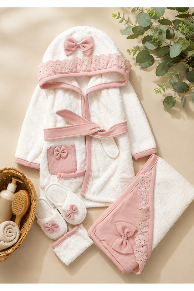 Boxed Baby Bath Gift Set with Hooded Bathrobe, Towel and Slippers, 0-2 Years Old, 100% Cotton