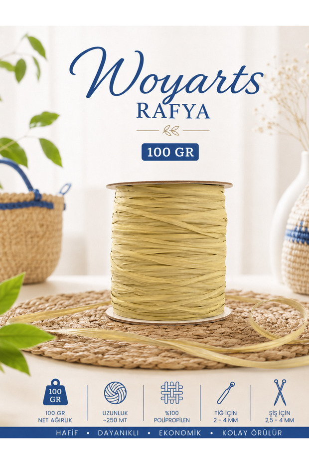 Raffia Yarn 100 Gr 250 m Bag, Hat, Beach Bag, Basket and Decorative Knitting Yarn (100% Polypropylene)