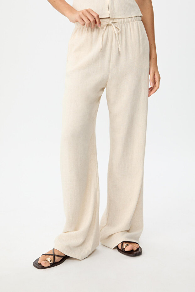 Linen Blend Beige Loose-Fit Trousers