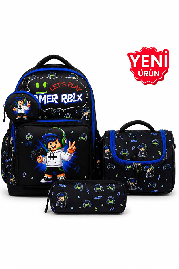 Set of 4, Boy's Patterned Primary School School Bag + Lunch Box + Pen Holder + Eraser Holder