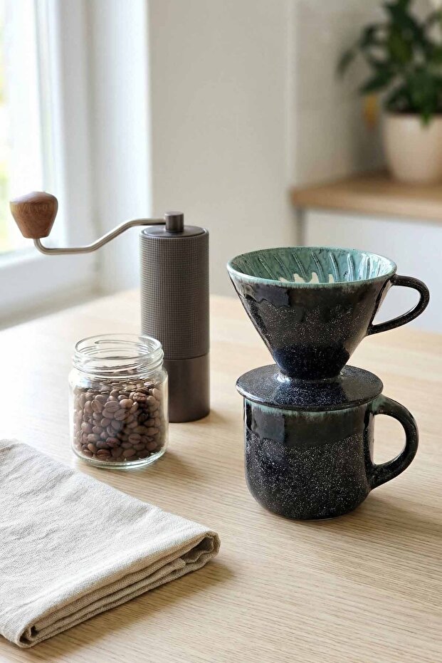 طقم تقطير V60 أسود لامع مصنوع يدويًا من السيراميك، طقم تحضير القهوة الحقيقية إنتاج خاص