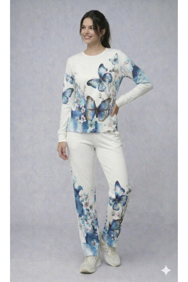 Women's Long Sleeve Crew Neck Butterfly Print Two Thread Bottom Top Set