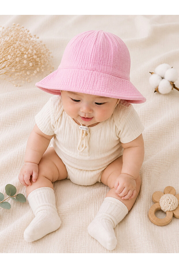 Pink 2-Layer Muslin Unisex Baby Kids Summer Hat