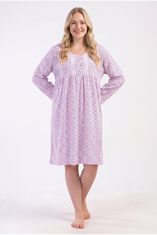 Plus Size Lace Detailed Buttoned Combed Cotton Nightgown