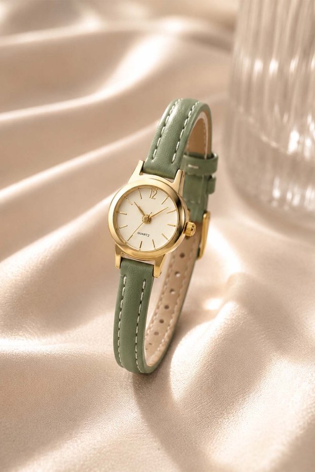 Leny Women's Wristwatch Green Thin Cord Gold Case White Dial Minimal Analog Elegant Casual Women's Watch