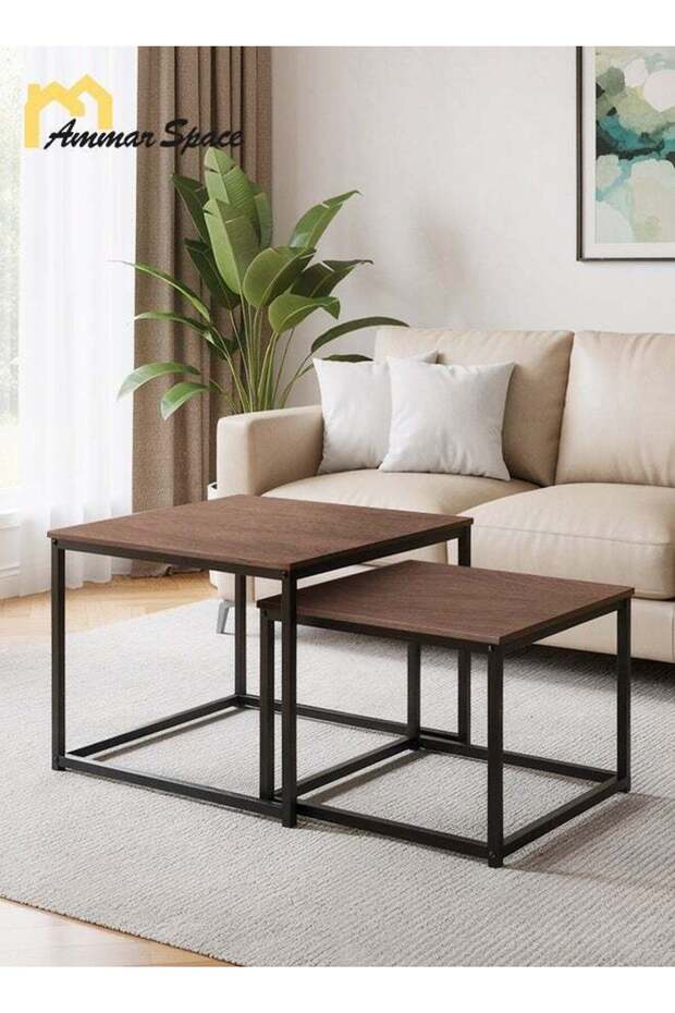 Nesting Square Coffee Table Set of 2 60cm and 50cm Walnut Design Coffee Table Modern Minimalist Side Tables for Small Spaces Living Room