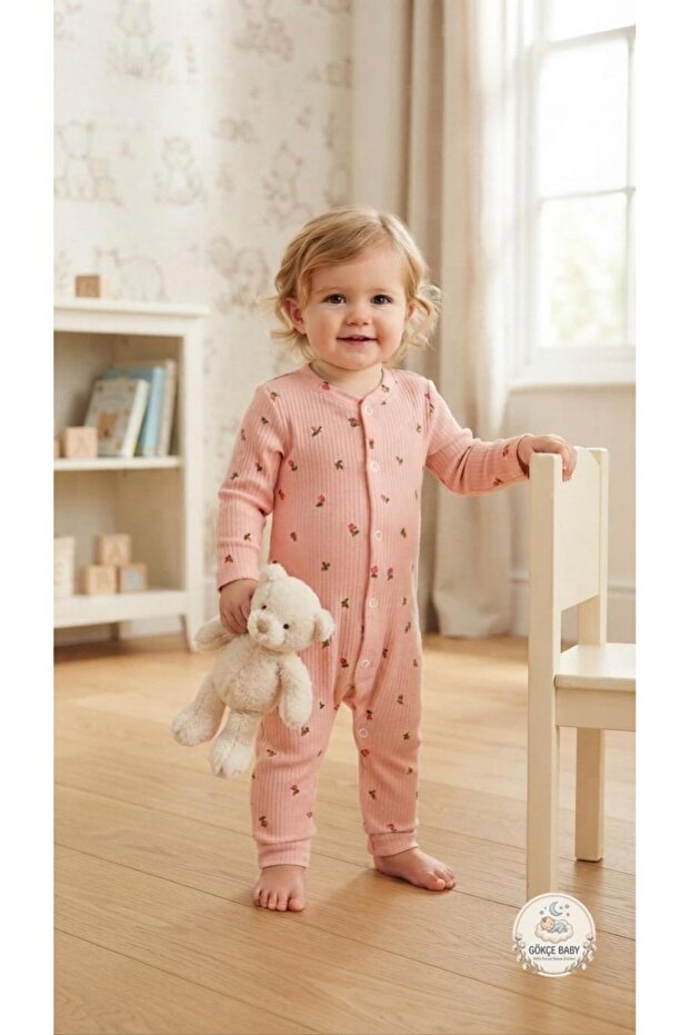 Floral Patterned Organic Cotton Baby Romper – Long Sleeve Powder Pink