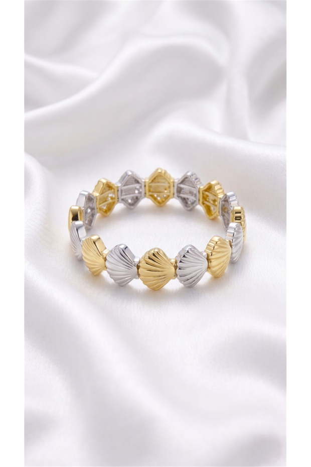 Silver and Gold Color Sea Shell Figured Flexible Bracelet