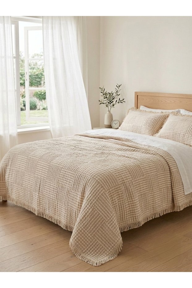 Muslin 8 Layer Square Patterned (Jacquard) Bedspread Double Size 240X260