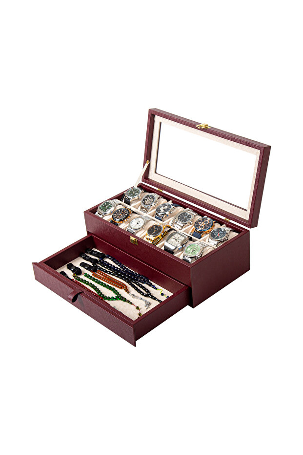 12 Drawer Leather Watch and Accessory Organizer Box with Glass Top | Premium Watch Storage Box | Cream, Brown, Black, Tan, Burgundy