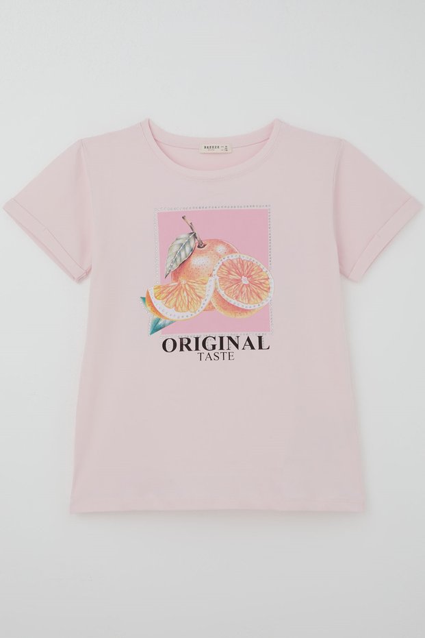 Girl's Short Sleeve T-Shirt with Citrus Print and Stone Accessories, Ages 10-16, Pink