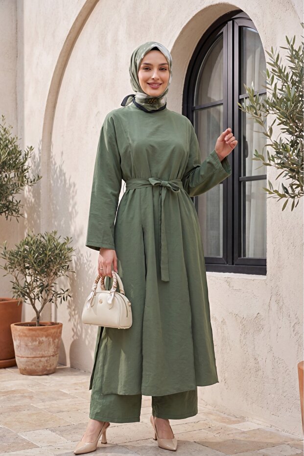 Tunic, Long Slit Pants, Pocketed Modal Set -Khaki