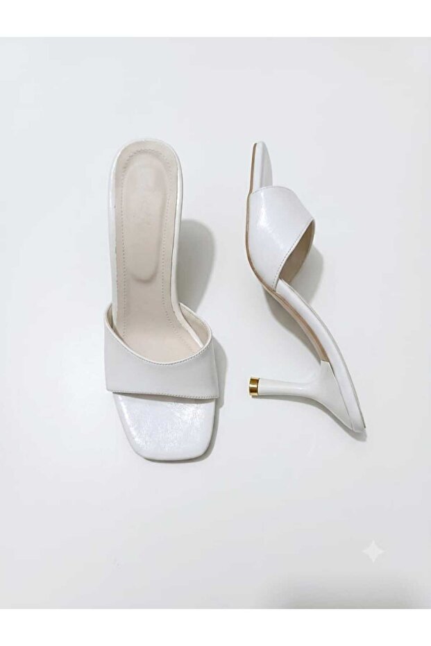 White Metallic Single Strap Goblet Heeled Evening Dress Slippers