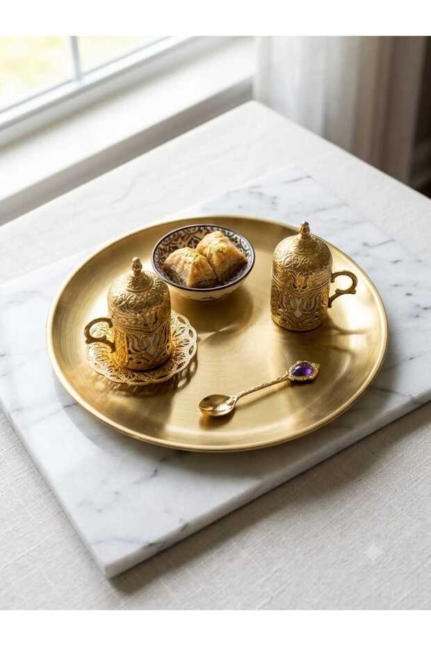 Gold Metal Presentation Tray | Round Decorative Coffee and Treat Tray | Stainless Shiny Surface