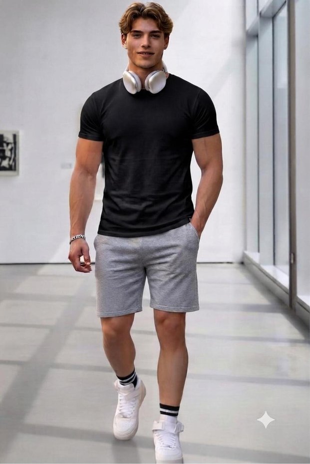 Men's Black Oval Slimfit Tshirt Gray Combed Cotton Shorts Plain Set