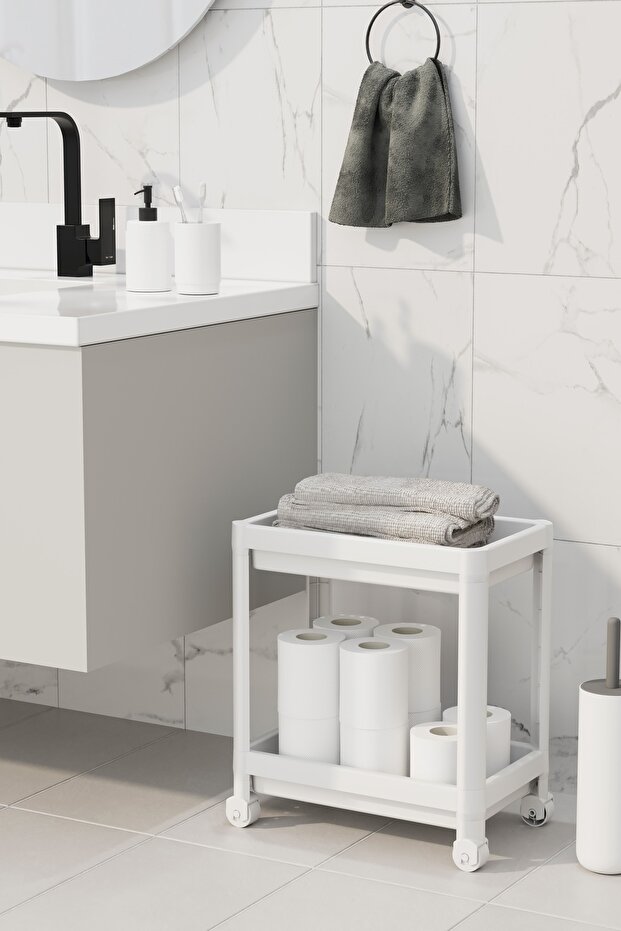 Rolling Kitchen Organizer with Wheels, 2-Tier Shelf, under Sink and Inside Cabinet Organizer - White