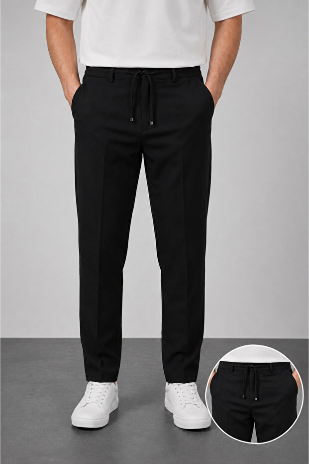 Men's Black Relaxed Fit Elastic Waist Lace-Up Jogger Fabric Trousers