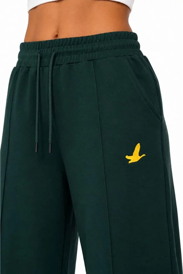 Osy Modal Soft Textured Cima Stitched Embroidered Pocketed Oversize Wide Leg Sweatpants Green