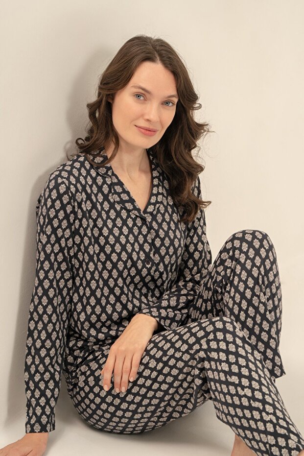Women's Patterned Anthracite Shirt Pajama Set Ar3750-S-V1
