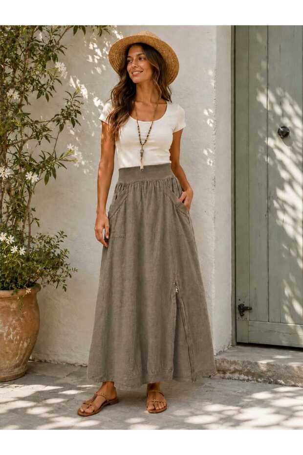 Women's Zipper Detailed Elastic Waist Italian Linen Skirt with Pockets