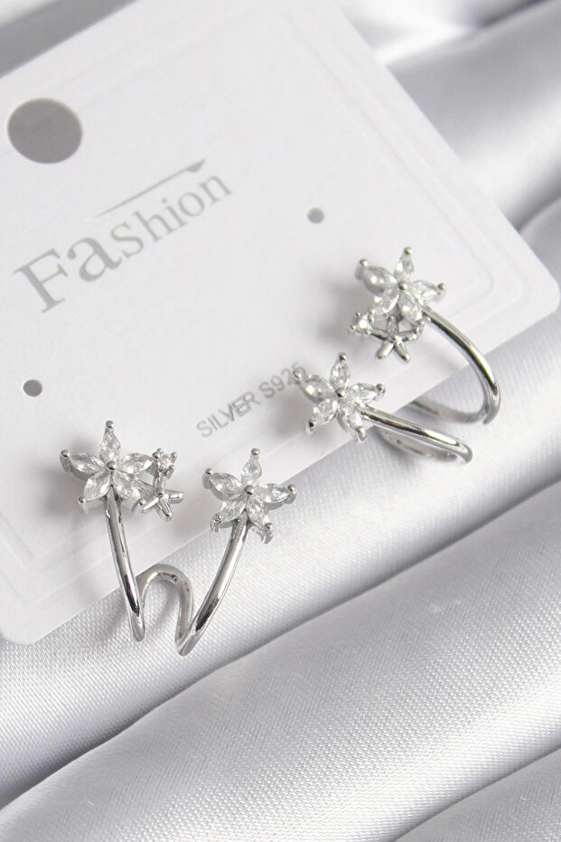 Brass Silver Color Zircon Stone Flower Model Women's Earrings