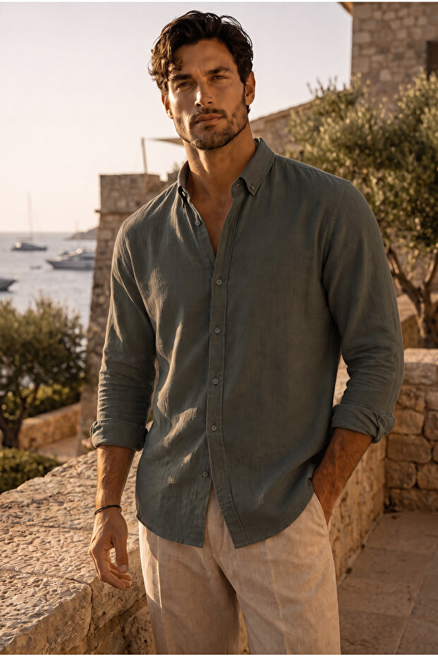 Heritage 100% Cotton Natural Textured Flared Men's Shirt - Khaki