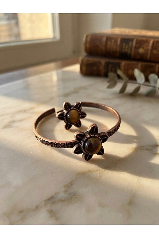 Tiger's Eye Natural Stone Embellished Copper Bracelet and Ring Set