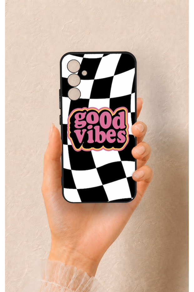 حافظة سيليكون متوافقة مع هاتف سامسونج A34 باللون الأسود بنمط Good Vibes