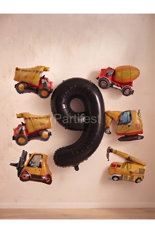 Set of 6 Mini Construction Themed Foil Balloons - Construction Machinery Birthday Decoration