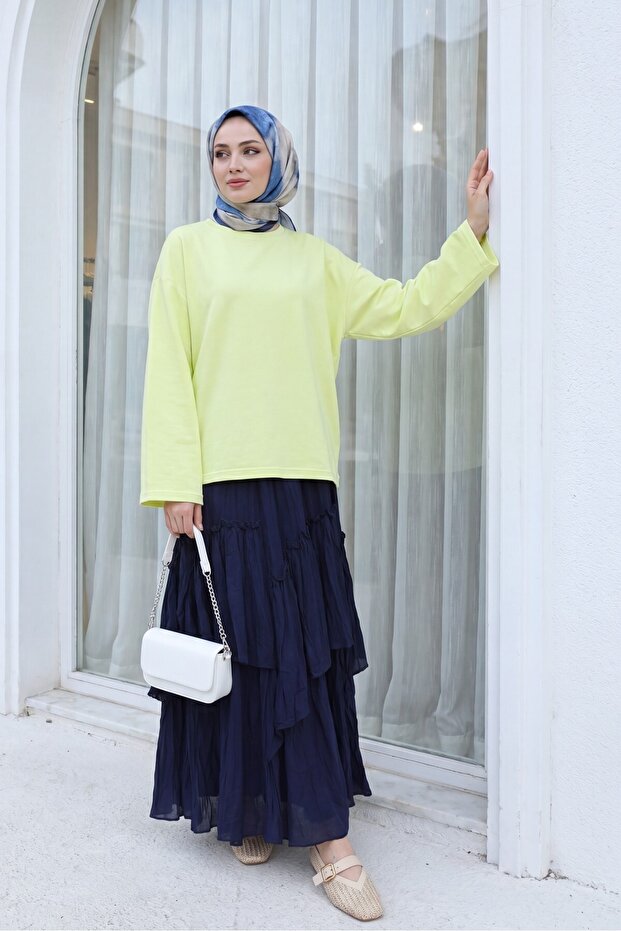 Round Neck Casual Combed Cotton Blouse - Light Yellow