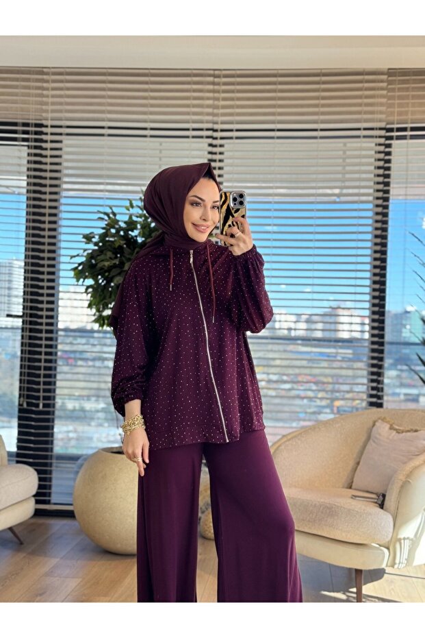 52838 Stone Printed Zippered Trouser Suit Burgundy