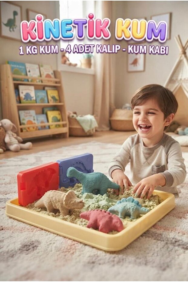 3D Molded Dinosaur Kinetic Sand Set - Sand Pool 1000 Gr Sand 4 Piece Mold Set